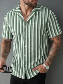 Manfinity CasualCool 男士休閒時尚百搭夏季鈕扣短袖襯衫，黑白條紋紋理短袖鈕扣襯衫，男士秋季戶外服飾，2025年秋季男裝，新款秋季襯衫為百搭秋季出遊襯衫，適合通勤、休閒約會及商務等多種場合 - 彩色 - 查看 3