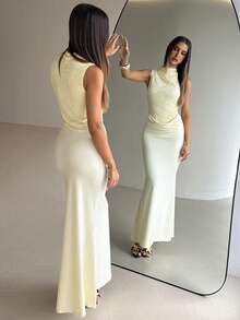 Aloruh Women's Colorblock Lace Stand Collar Pleated Fitted Elegant Tropical Sleeveless Dress Early Summer Long Back To School Teacher Outfit Vacation - Apricot - View 8