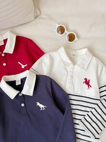 SHEIN 買2送1，兒童小男孩，小男孩3件組秋冬時尚學院風POLO衫多件裝 - 彩色 - 查看 4