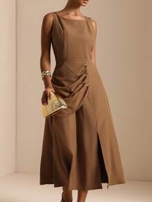 Vesra Women's Summer Elegant Solid Color Sleeveless Midi Dress - Brown - View 1