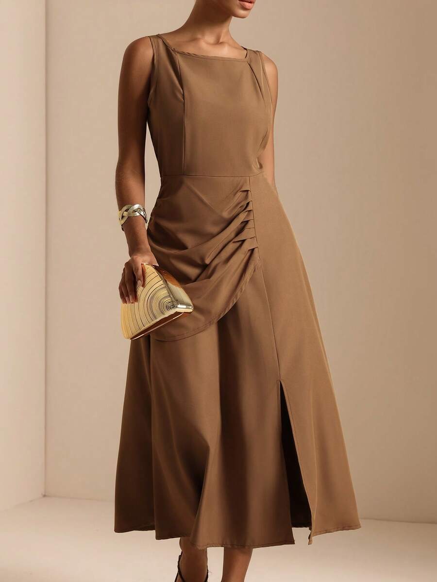 Vesra Women's Summer Elegant Solid Color Sleeveless Midi Dress - Brown - View 1