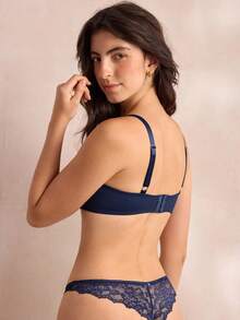 Charlaine Women's Solid Color Bow Decor Contrast Lace Underwire Bra - Navy Blue - View 4