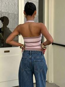 Muchica Women's Casual Y2k Backless Halter Neck Fitted Top, Suitable For Summer Brunch Going Out Pink Stripe - Multicolor - View 2