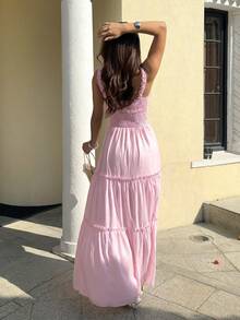 Sunnyshic Vestido de mujer blanco con tirantes finos, fruncido, de corte A y talla grande, romántico, elegante y de moda para vacaciones en la playa, salidas, citas, cumpleaños, bodas, primavera/verano - Rosa - Ver 2