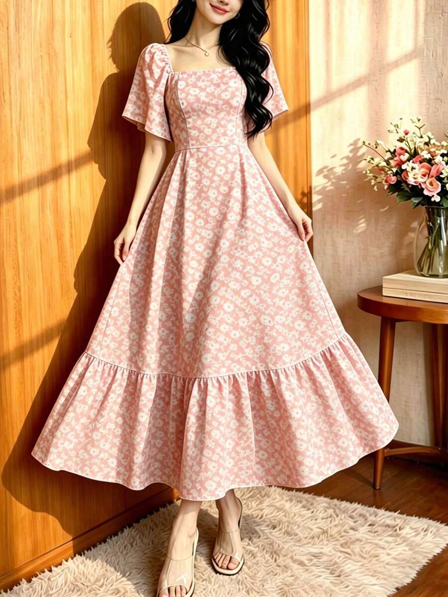 Modelyn 粉色碎花优雅连衣裙,女士时尚方领泡泡袖连衣裙,荷叶边下摆设计,夏季度假风连衣裙 - 彩色 - 查看 1
