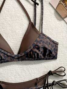 Oceva Women's 2-Piece Leopard Print Random Pattern Summer Sexy 2 In 1 Spaghetti Strap Tie-Up Top And Side Tie Triangle Bikini Set - Multicolor - View 6