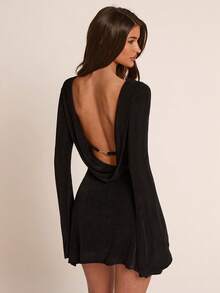 SHEIN BAE Spring/Autumn Black Boat Neck Flared Sleeve Backless Cowl Neck Metal Buckle Cinched Waist Short Dress, Vintage Sexy Style, Suitable For Party, Date, Evening Wear, Birthday Party, Daily Commute - Black - View 1