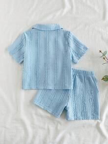 SHEIN Vintaside Kids 男嬰夏季領口短袖簡約時尚休閒襯衫搭配百搭休閒短褲套裝，適合旅行、度假或日常休閒散步 - 藍色 - 查看 2