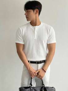 DAZY Men's Short Sleeve Round Neck Half-Button Solid Color T-Shirt, Summer - White - View 5