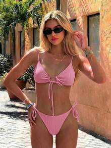Swim Mod Bikini de dos piezas para mujer con top anudado de textura fruncida y Bottom triangular - Rosa - Ver 4
