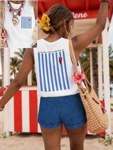 DrmWander Plus Size Striped Heart Print Contrast Color Round Neck Tank Top - White - View 1