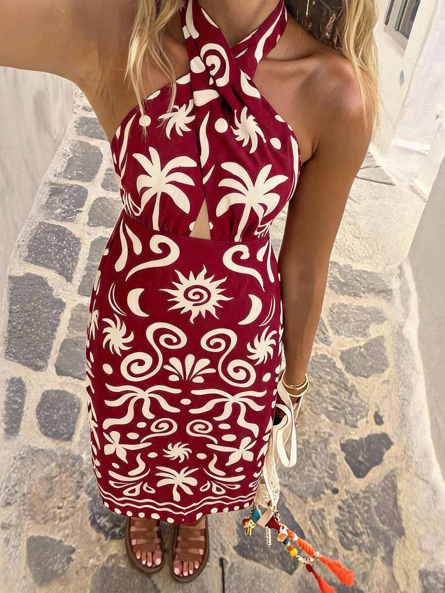 Travachic Vacation Casual Tropical All-Over Print Backless Halter Neck Dress,Summer,Beach Vacation,Elegant,Vacation Burgundy - Red - View 1