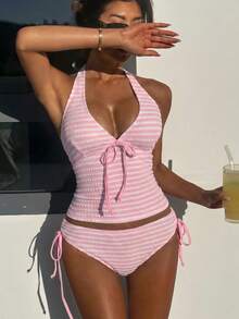 Swim Mod 女款條紋拼接掛脖綁帶背心上衣與三角比基尼泳褲比基尼套裝 - 粉色 - 查看 4