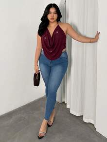 Firerie Plus Size Women's Solid Color Shiny Draped Neck Tank Top Party Burgundy Summer Sexy - Burgundy - View 6