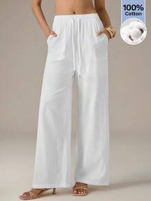 SHEIN Tall Women's Minimalist White Drawstring Waist Pocket Loose Woven Trousers - White - View 1