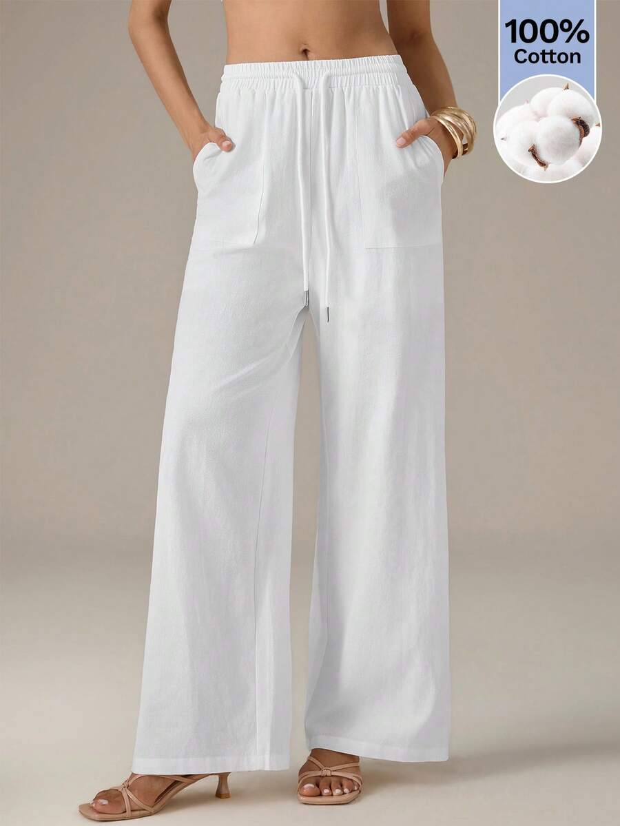 SHEIN Tall Women's Minimalist White Drawstring Waist Pocket Loose Woven Trousers - White - View 1