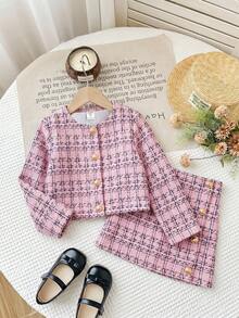SHEIN Firerie Kids 少女都市時尚格紋長袖夾克與裙子套裝 - 粉色 - 查看 2