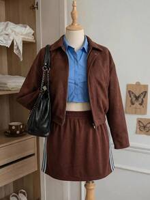Comfortcana Damen Große Größen Lässig Vintage Amerikanischer Sportlicher Stil Seitenstreifen Braun Strickrock, Elastischer Bund Rock - Braun - Übersicht 5