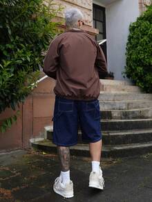 Artur Kramer 男士休闲时尚街头学院风运动字母印花撞色滚边立领拉链长袖夹克，秋季户外防风外套 - 咖啡棕 - 查看 2