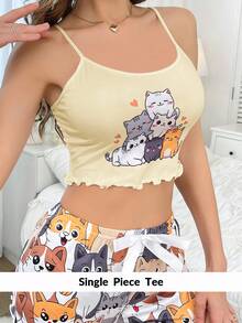 DUSKBASE Top de pijama para mujer con estampado de gato de dibujos animados lindo estilo Y2K - Multicolor - Ver 5