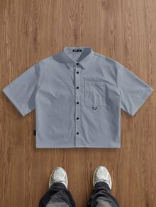 ESTAVOR Men's Woven Fashion Casual Loose Short Sleeve Shirt - Blue - View 2