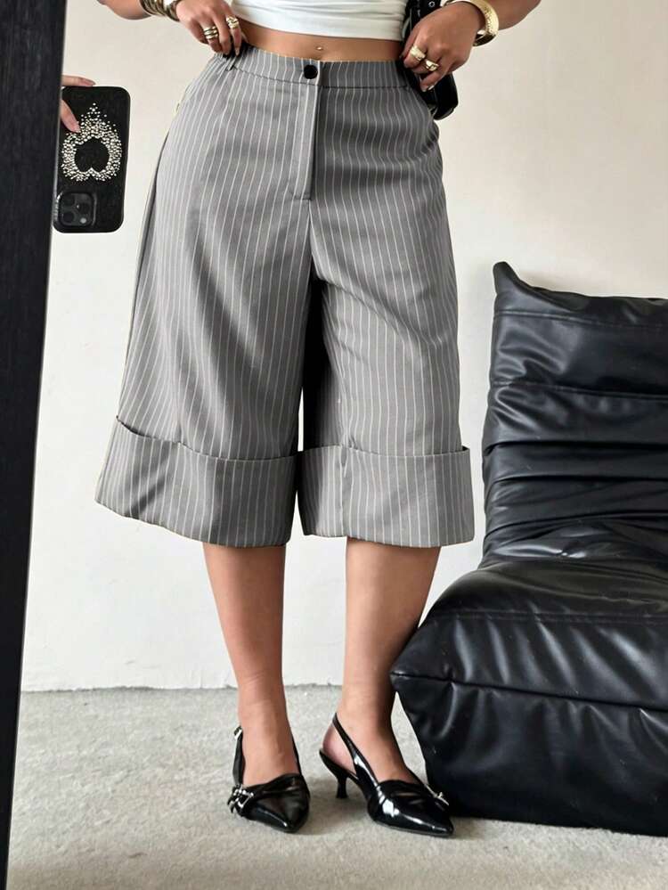 POPSWAY Spring Summer New Elegant Fashion Casual Design Rolled Hem Cropped High Waist Wide Leg Pants For Women Loose Fit Slimming Teachers' Day White - Light Grey - View 3