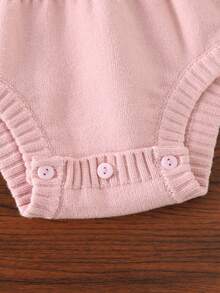 SHEIN Vintaside Kids Baby Girl Sweater Crawling Suit, Pullover Pink Checkered Knit With Flutter Sleeves, Ruffle Collar, Jacquard Pattern, Triangle Knit Bodysuit, Cute - Pink - View 6