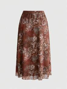 ROMWE Women's Hippie Music Festival Bohemian Casual Pattern Mesh Print A-Line Skirt Picnic Vacation Brown And White Summer - Brown - View 2