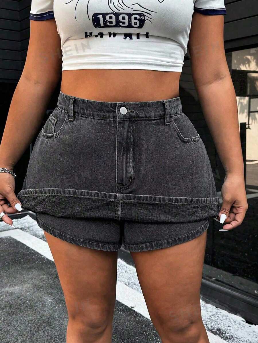 SHEIN ICON Pantalones cortos vaqueros lavados de talla grande para el verano - Gris - Ver 1