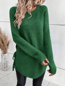 SHEIN 秋冬休閒百搭純色側開衩綁帶毛衣 - 軍綠色 - 查看 1
