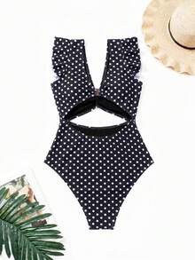 Swim Vcay 女款度假海灘波點印花鏤空設計荷葉袖連身泳衣 - 彩色 - 查看 4