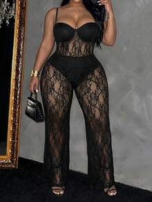 Slaydiva Sexy Elegant Spaghetti Strap Cup Flare Leg Black Lace Sheer Plus Size Jumpsuit Date Night Rave Summer - Black - View 6