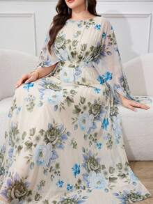 Modelyn 大尺碼女款花卉圖案披肩袖優雅洋裝 - 彩色 - 查看 4