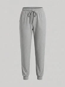 SHEIN Cheerettes Pantalones de chándal con cintura elástica de cordón casual - Gris Claro - Ver 2
