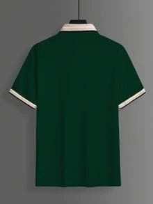 Calvornis Men's Ribbed Collar Embroidered Short Sleeve Casual Polo Shirt, Formal - Dark Green - View 3