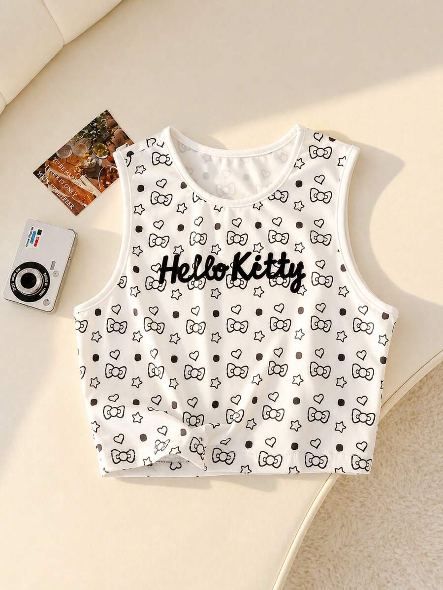 Resyla HELLO KITTY AND FRIENDS | SHEIN 女款修身細肩帶背心上衣,滿版蝴蝶結可愛標語印花 - 黑與白 - 查看 1
