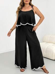 SHEIN CURVE+ 大尺碼女款休閒傳統波西米亞風度假純色紋理寬鬆連身褲 商務正式 黑白配色 夏季早午餐 - 黑色 - 查看 4