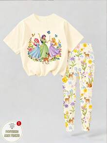 SHEIN 1套女童休閒舒適時尚清新可愛甜美卡通公主圖案與花卉印花短袖T恤＋印花內搭褲套裝，適合春/夏季外出、度假、上學、生日及其他場合 - 彩色 - 查看 4