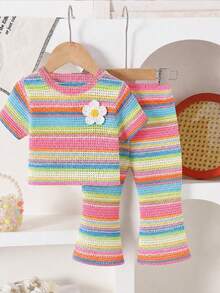 Young Girl Casual Simple Cartoon Print Round Neck Short Sleeve Top And Flare Pants 2-Piece Set Suitable For Summer - Multicolor - View 4