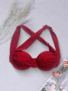 SHEIN Swim Women's Solid Color Ruched Underwire Bikini Top - Red - View 3