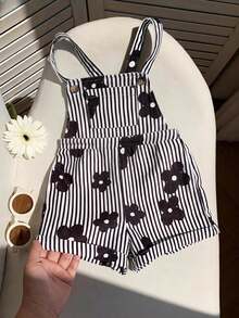 SHEIN LMoss Kids 女嬰編織條紋花卉印花吊帶連身褲 - 黑與白 - 查看 8
