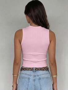 Paquete de camisetas de tirantes de algodón con punto acanalado para mujer, cuello redondo, ajuste ceñido, estilo básico casual. - Rosa - Ver 5