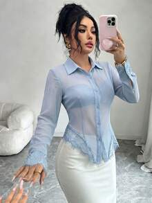 Selianne 女款優雅通勤純色蕾絲拼接上衣 - 藍色 - 查看 2