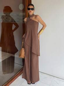 Firerie Brown Striped Neckless Sleeveless Top And Long Pants Set Light Weight One Shoulder Pallazo Pants Festival Outfits Bussines Casual Summer Going Out - Brown - View 7