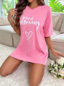 Heart & Slogan Graphic Drop Shoulder Pajama Nightdress - Pink - View 6