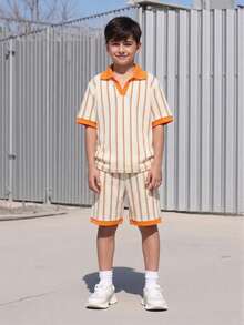 青少年男孩夏季休閒極簡提花拼色短袖上衣與短褲套裝，寬鬆舒適版型，適合日常外出、學校活動、家庭聚會、戶外玩樂 - 彩色 - 查看 6