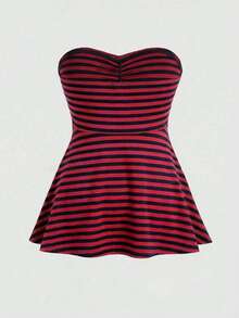 ROMWE Goth Y2K Retro Striped Cropped Tube Top, Suitable For Music Festival Outfits, Plus Size - Red - View 2