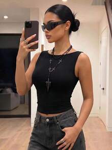SHEIN ICON 女款黑色哥德風頹廢風純色休閒百搭日常外出上衣 - 黑色 - 查看 2