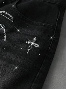 ROMWE MEN Men's Rhinestone Letter Pocket Casual Denim Shorts - Black - View 6
