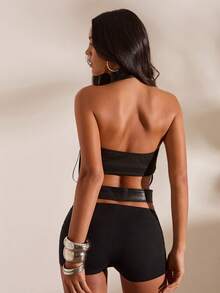 Opulessa Women's Sexy Fashion Hollow Out Cropped PU Material Tassel Top Club Night Black Summer - Black - View 5